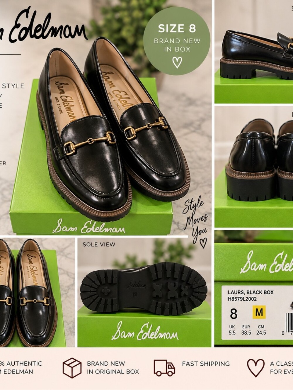 NIB Sam Edelman Black Leather Lug-Soled Bit Loafers